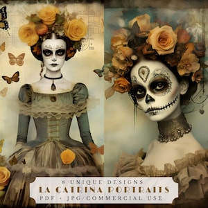Retratos de La Catrina, papéis exclusivos do dia de los muertos para diários indesejados, scrapbooking, confecção de cartões, coisas efêmeras para impressão do dia dos mortos