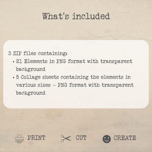 May include: Image with the text "What's included" at the top. Below, a list details 3 ZIP files containing 21 PNG elements with transparent backgrounds and 5 collage sheets. Icons for print, cut, and create are at the bottom.