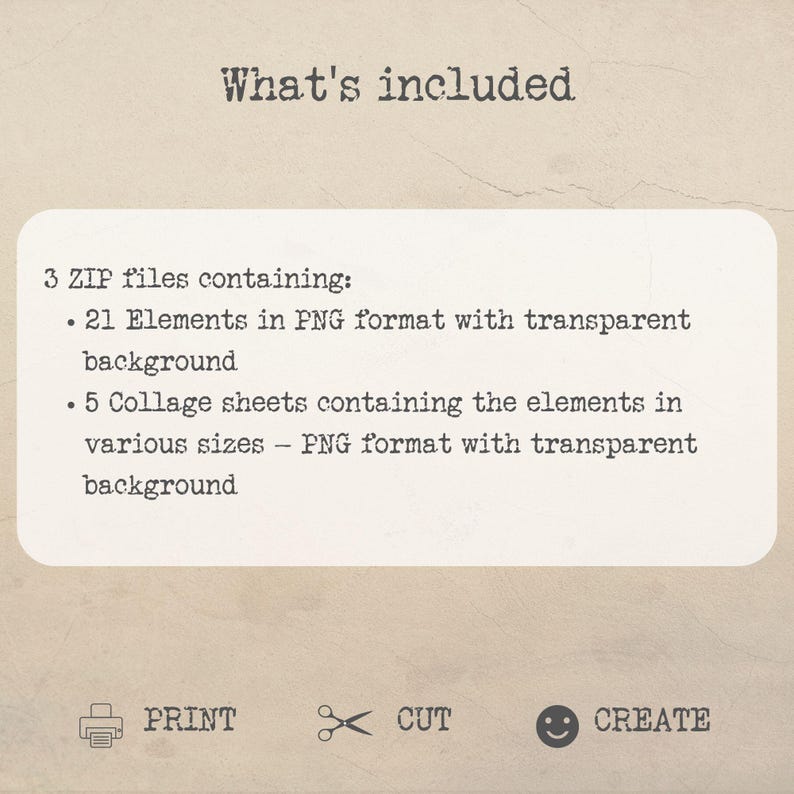 May include: Image with the text "What's included" at the top. Below, a list details 3 ZIP files containing 21 PNG elements with transparent backgrounds and 5 collage sheets. Icons for print, cut, and create are at the bottom.