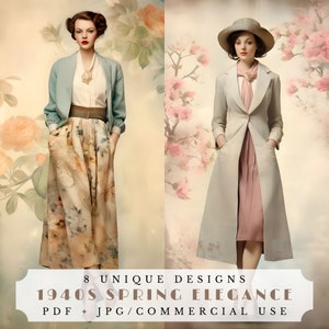 1940 年代の春の優雅さ、レトロなファッションのジャンク ジャーナル ページ、ビンテージの春の服装のコラージュ シート、スクラップブック用品、印刷可能なエフェメラ