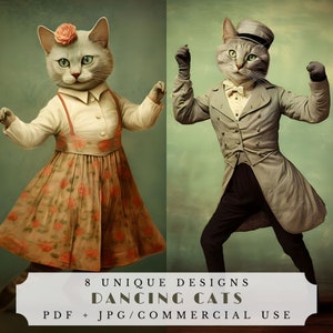 Gatos dançantes, páginas de diário retrô imprimíveis, coisas efêmeras digitais para scrapbooking e criação de cartões, felinos em roupas retrô