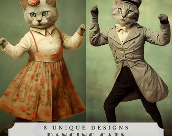 Dancing cats, printable retro junk journal pages, digital ephemera for scrapbooking and card making, felines in retro outfits