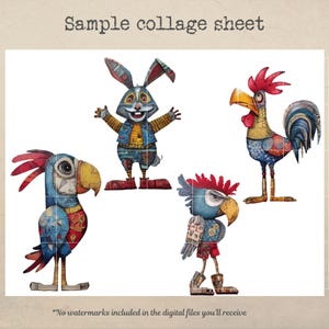 May include: A sample collage sheet featuring whimsical illustrations of a rabbit, a rooster, and two parrots. The characters are colorful, with patchwork-style designs and expressive faces. The text "Sample collage sheet" is at the top.