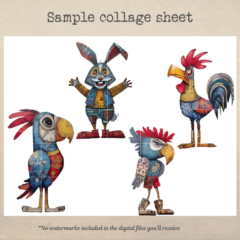May include: A sample collage sheet featuring whimsical illustrations of a rabbit, a rooster, and two parrots. The characters are colorful, with patchwork-style designs and expressive faces. The text "Sample collage sheet" is at the top.