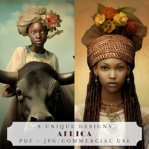 Africa, pagine di diario spazzatura africane surreali, foglio di collage stampabile, bellezza tribale unica e ritratti di savana, effimeri di scrapbooking