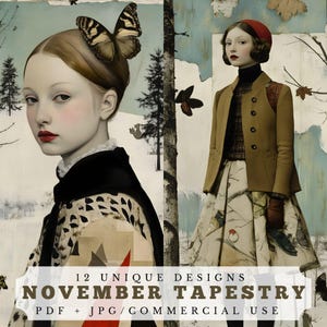 Tapiz de noviembre, kit de diario basura de invierno, papel para álbum de recortes de otoño, collages efímeros imprimibles, retratos de mujeres, patrones de otoño