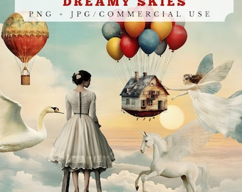 Dreamy Skies Clipart, Surreal Junk Journal Graphics (Digital Download)