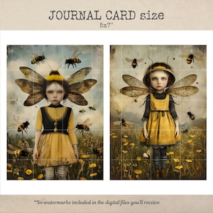 Puede incluir: Dos ilustraciones digitales de chicas con alas de abeja y atuendos con tem&aacute;tica de abejas. Las chicas est&aacute;n de pie en un campo de flores amarillas con abejas volando a su alrededor. Las ilustraciones son de estilo vintage con un fondo descolorido.