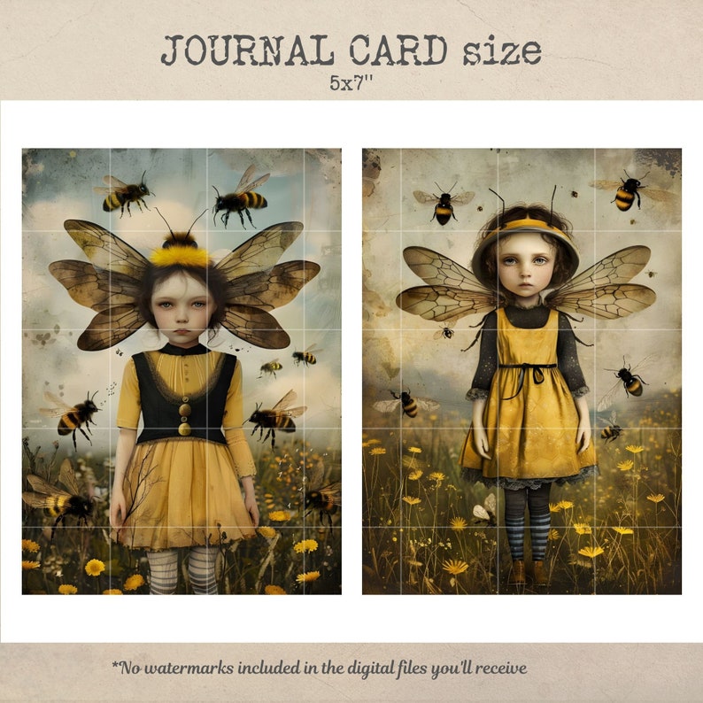 Puede incluir: Dos ilustraciones digitales de chicas con alas de abeja y atuendos con tem&aacute;tica de abejas. Las chicas est&aacute;n de pie en un campo de flores amarillas con abejas volando a su alrededor. Las ilustraciones son de estilo vintage con un fondo descolorido.