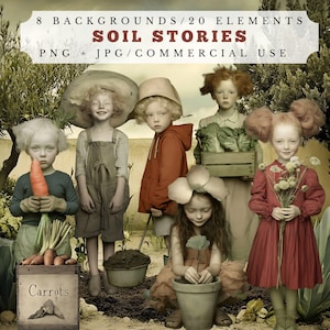 Puede incluir: Imagen de arte digital con niños en un jardín. La imagen incluye el texto "SOIL STORIES" y "Carrots". Los niños sostienen zanahorias, flores y una caja de madera con lechuga. La paleta de colores es apagada con tonos terrosos.