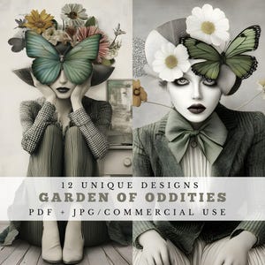 Giardino di stranezze, ritratti primaverili surreali, effimeri album stampabili, stravaganti carte di giornale spazzatura, fogli di collage, arte digitale