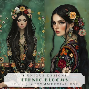 Flores étnicas, páginas florales de diarios basura, efímera digital para scrapbooking, suministros de collage, tarjetas boho atc