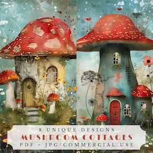 Chalés de cogumelos, páginas caprichosas de diários indesejados, folha de colagem digital peculiar, papel decorativo, papel de fundo para álbum de recortes imprimível