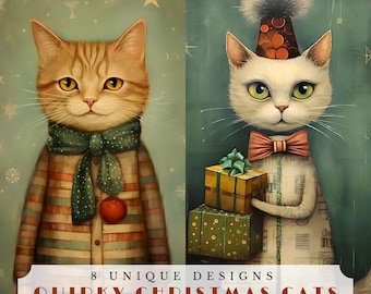 Quirky Christmas cats, printable junk journal pages, digital ephemera for scrapbooking and card making, Christmas printables