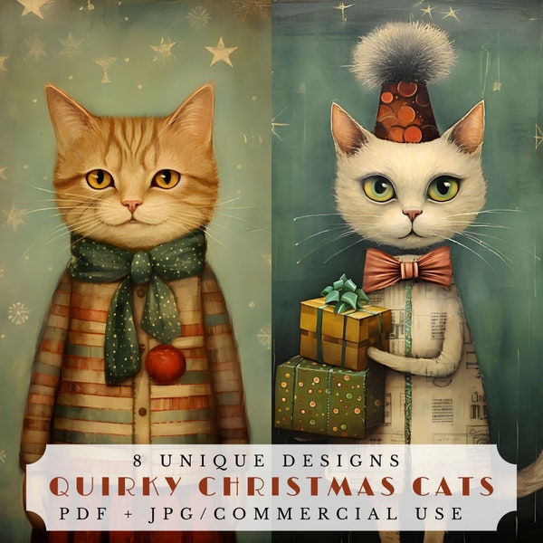 Quirky Christmas cats, printable junk journal pages, digital ephemera for scrapbooking and card making, Christmas printables