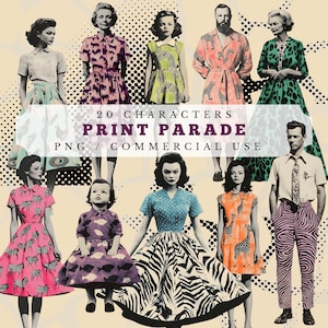 Desfile de impresiones, personajes vintage, moda retro con estampado animal, figuras prediseñadas, gráficos para diarios basura y álbumes de recortes, kit de collage, png