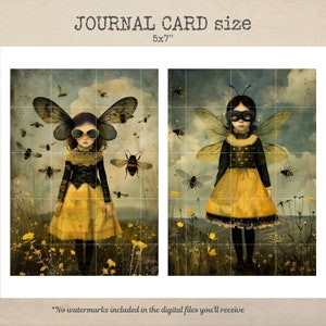 Puede incluir: Dos ilustraciones digitales de chicas con alas de abeja y vestidos amarillos de pie en un campo de flores amarillas. La chica de la izquierda lleva gafas de sol y la chica de la derecha lleva una m&aacute;scara negra. Ambas chicas est&aacute;n rodeadas de abejas.