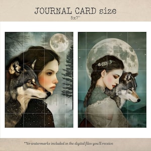 May include: Two digital art prints featuring a woman with a wolf. The woman is wearing a long dress and has her hair pulled back. The wolf is resting its head on her shoulder. The background is a dark forest with a full moon in the sky. The prints are 5x7 inches.