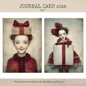 Pu&ograve; includere: Due stampe d'arte digitale raffiguranti una giovane persona con la pelle chiara e accenti rossi. Un'immagine mostra una persona con un pacco regalo sulla testa, l'altra mostra una persona che tiene in mano un pacco regalo. Il testo "JOURNAL CARD size 5x7"" &egrave; in alto.