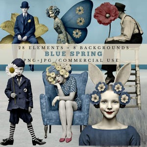 以下が含まれることがあります： 「Blue Spring」と題されたデジタルアート作品で、シュールな人物と花の要素が特徴です。 この画像には、蝶の羽を持つ人物、デイジーを持っている子供、商用利用向けのPNGおよびJPG形式で利用可能な28個の要素と8つの背景を示すテキストが含まれています。
