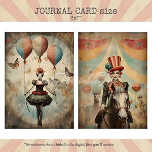 Puede incluir: Dos tarjetas de diario digitales imprimibles con un tema de circo vintage. La primera tarjeta muestra a una mujer con un vestido rojo y negro sujetando globos. La segunda tarjeta muestra a una mujer con un sombrero rojo, blanco y azul montando un caballo blanco.