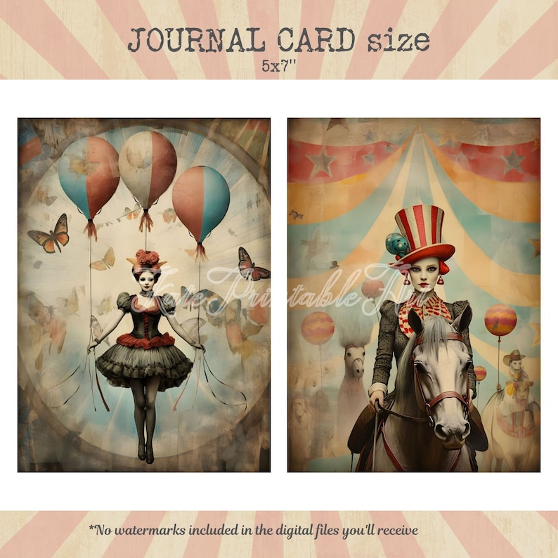 Puede incluir: Dos tarjetas de diario digitales imprimibles con un tema de circo vintage. La primera tarjeta muestra a una mujer con un vestido rojo y negro sujetando globos. La segunda tarjeta muestra a una mujer con un sombrero rojo, blanco y azul montando un caballo blanco.