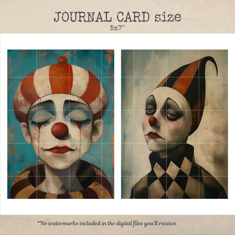 May include: Two digital art prints of sad clowns. The first clown is wearing a red and white striped hat and a red nose. The second clown is wearing a black and red striped hat and a red nose. Both clowns have a sad expression on their faces. The prints are 5x7 inches.