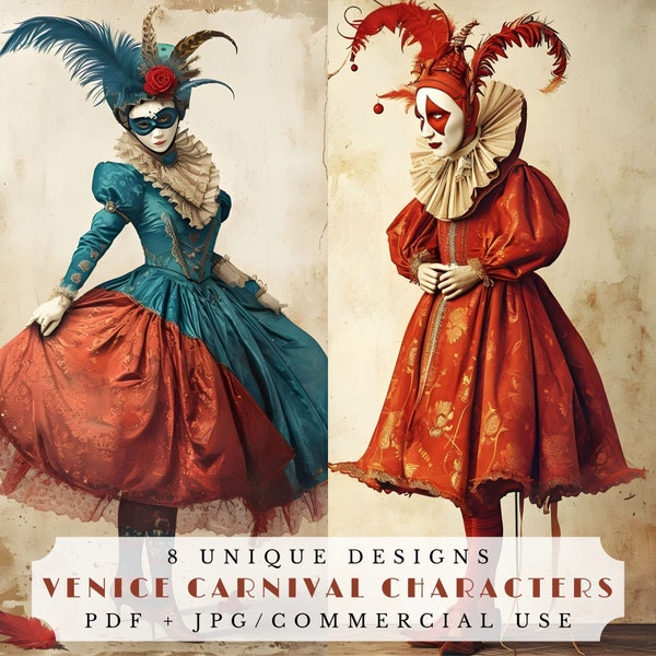 Venice carnival characters, printable junk journal papers, unique Venetian masquerade costumes cards, collage sheets, digital paper dolls