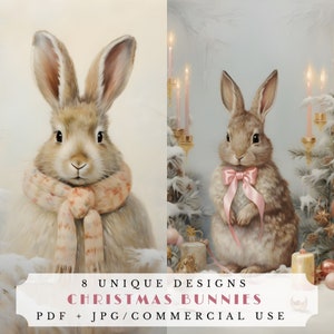 Pagine di diario spazzatura di coniglietti natalizi, documenti stampabili per scrabooking e creazione di cartoline, collage digitali effimeri, conigli di Natale