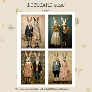May include: Four digital illustrations of rabbit couples dressed in vintage clothing. Each illustration features a male and female rabbit, with the female rabbit wearing a floral dress and the male rabbit wearing a suit. The illustrations are set against a background of flowers and greenery. The text "POSTCARD size 3.5x5" is at the top of the image.