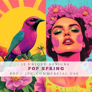 Pop Frühling, wunderliche Frühling Porträts, Pop Art druckbare Scrapbook Ephemera, florale Junk Journal Papiere, Collage Blatt, digitale Kunst