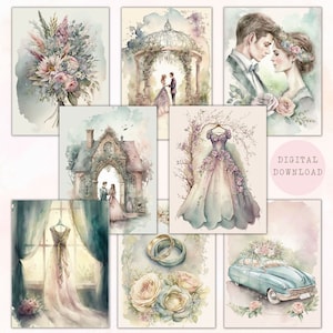 Cartões ATC de casamento | Cartões de registro no diário de casamento | Scrapbooking Efêmero | Cartões florais gastos do jornal do casamento | Download digital