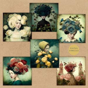 Tarjetas ATC de mujeres rosas / Hoja de collage de retratos vintage / Efímera floral imprimible / Suministros de scrapbooking de diario basura / Descarga instantánea