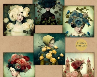 Rose Women ATC Cards | Vintage Portraits Collage Sheet | Floral Printable Ephemera | Junk Journal Scrapbooking Supplies | Instant Download
