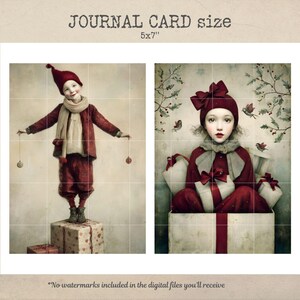 Pu&ograve; includere: Due stampe d'arte digitale. L'immagine a sinistra mostra una persona in abito e cappello rossi, con ornamenti. L'immagine a destra mostra una persona in abito e cappello rossi, circondata da regali. Il testo in alto dice "JOURNAL CARD size 5x7".
