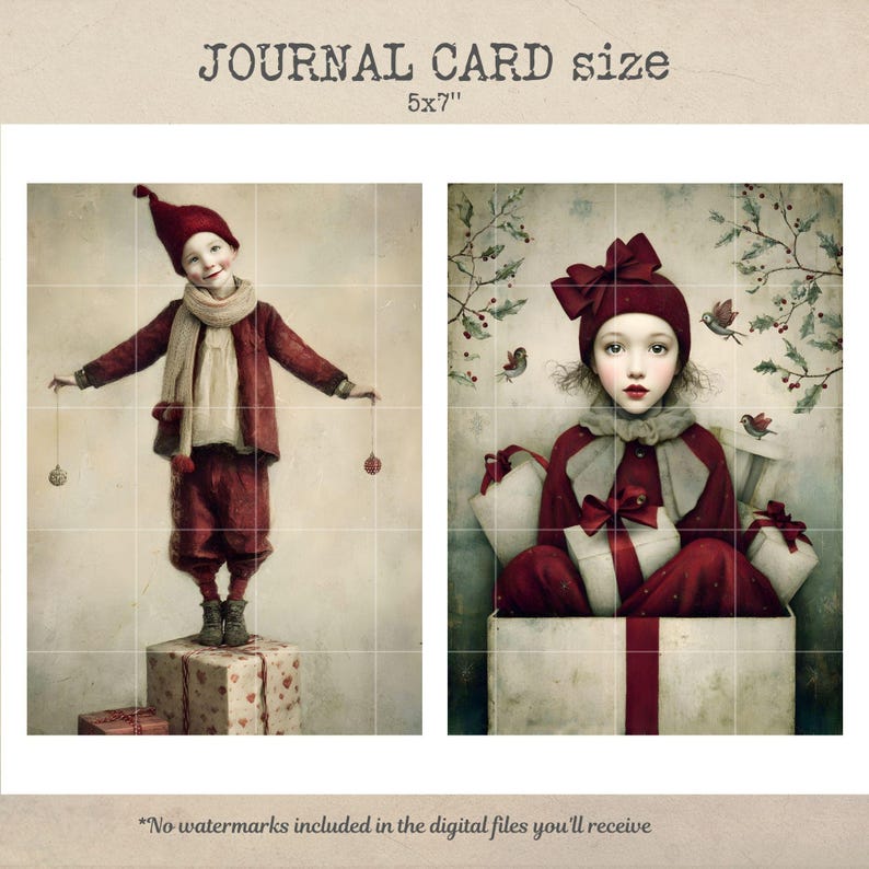 Pu&ograve; includere: Due stampe d'arte digitale. L'immagine a sinistra mostra una persona in abito e cappello rossi, con ornamenti. L'immagine a destra mostra una persona in abito e cappello rossi, circondata da regali. Il testo in alto dice "JOURNAL CARD size 5x7".
