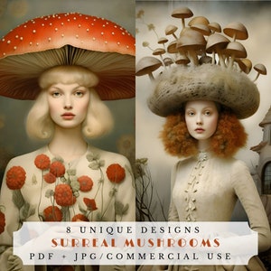 Setas surrealistas ATC / Magic Mashroom Journaling Papers / Efímera imprimible / Suministros de scrapbooking de diario basura / Papel digital