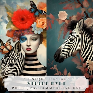 Pubblicità a righe, esclusive pagine di diario spazzatura a tema zebrato, oggetti effimeri digitali per scrapbooking, fogli di collage di animali da safari