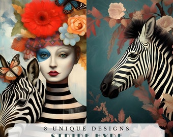 Stripe hype, unique zebra-themed junk journal pages, digital ephemera for scrapbooking, safari animals collage sheets