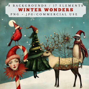 Maravillas de invierno, colección de collages extravagantes, arte navideño para diario basura, 8 fondos, 17 elementos de imágenes prediseñadas png, gráficos imprimibles