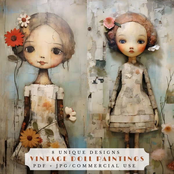 Vintage poppenschilderijen, unieke noodlijdende kunst voor junk journaling, scrapbooking en kaarten maken, mixed media poppenkunst, afdrukbare ephemera