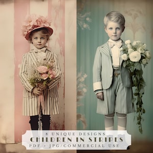 Kinder in Streifen digitale Papiere, druckbare Vintage Ephemera für Junk Journaling, Scrapbooking und Kartenherstellung, Kinder mit Blumen, digital