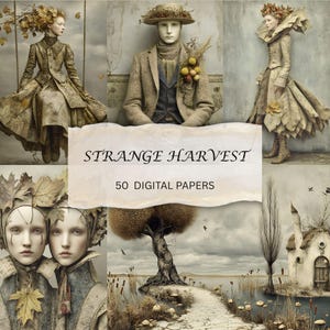 Puede incluir: Una colección de papel digital titulada STRANGE HARVEST 50 DIGITAL PAPERS que presenta seis paneles de imágenes surrealistas que incluyen figuras con atuendos otoñales, un paisaje con un camino de piedra, un árbol y un pequeño edificio.