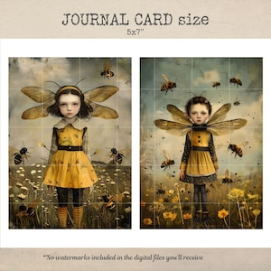 Puede incluir: Dos ilustraciones digitales de chicas con alas de abeja, vistiendo vestidos amarillos y de pie en un campo de flores. Las chicas tienen el pelo oscuro y est&aacute;n rodeadas de abejas.