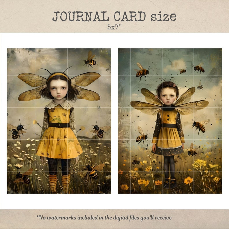 Puede incluir: Dos ilustraciones digitales de chicas con alas de abeja, vistiendo vestidos amarillos y de pie en un campo de flores. Las chicas tienen el pelo oscuro y est&aacute;n rodeadas de abejas.