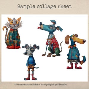 May include: A sample collage sheet featuring whimsical illustrations of a cat and three dogs. The cat is orange and gray, and the dogs are blue, gray, and blue. The text "Sample collage sheet" is at the top.