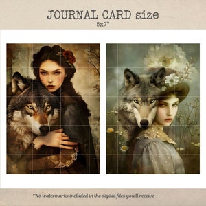 May include: Two digital art prints featuring a woman with a wolf. The woman on the left is wearing a dark dress and a red flower in her hair. The woman on the right is wearing a light blue dress and a hat with flowers. Both women are looking at the viewer. The wolf on the left is brown and the wolf on the right is gray. Both prints are 5x7 inches.