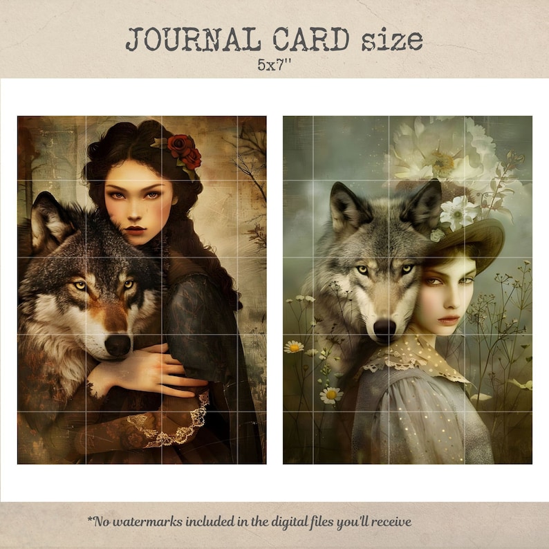 May include: Two digital art prints featuring a woman with a wolf. The woman on the left is wearing a dark dress and a red flower in her hair. The woman on the right is wearing a light blue dress and a hat with flowers. Both women are looking at the viewer. The wolf on the left is brown and the wolf on the right is gray. Both prints are 5x7 inches.