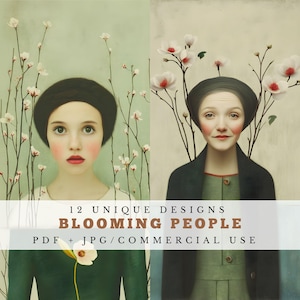 Persone in fiore, effimeri primaverili stampabili, graziosi fogli di carta per diario, stravaganti articoli per scrapbooking, fogli per collage, creazione di biglietti, arte digitale