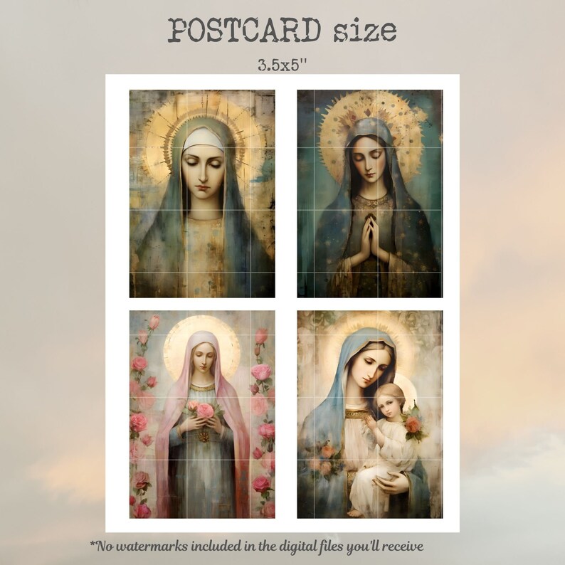 May include: Set of four digital printable postcards featuring images of the Virgin Mary. Each postcard depicts a different image of Mary, with one showing her holding a baby Jesus. The postcards are 3.5x5 inches.